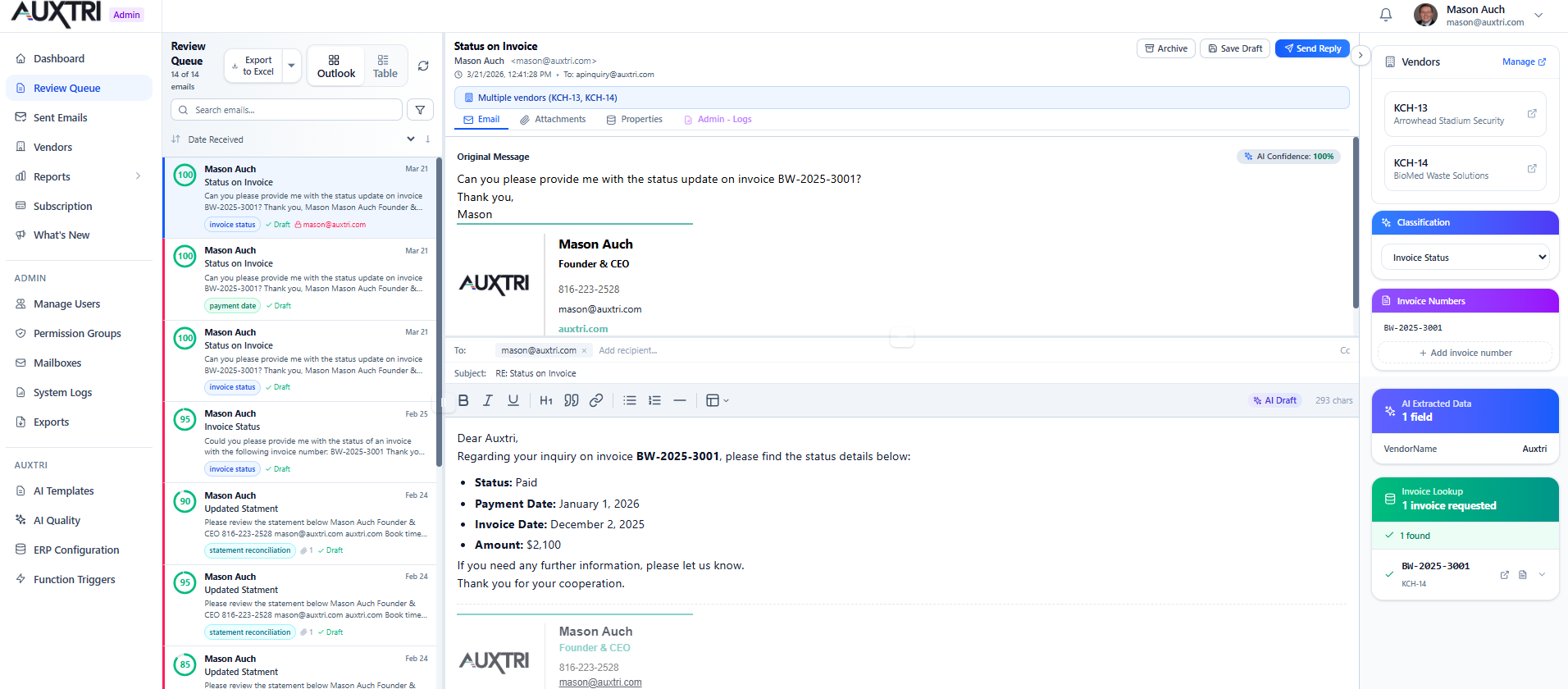 Auxtri review queue showing vendor inquiry automation and response drafting