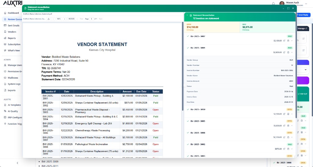 Auxtri statement reconciliation pop-out window showing the original vendor statement PDF side-by-side with matched ERP invoice data