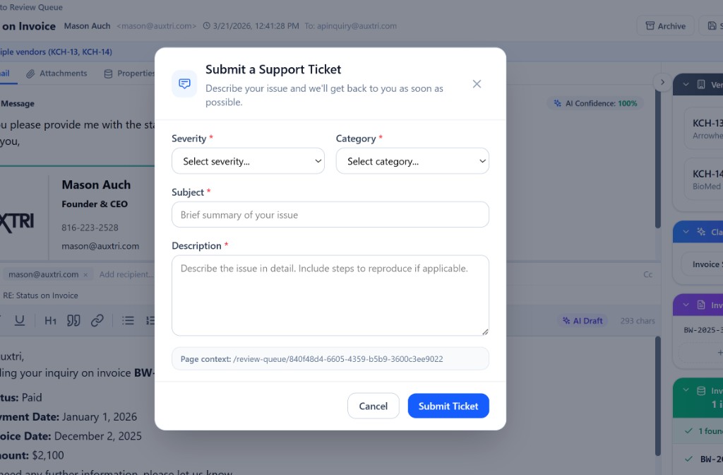 Auxtri in-app support ticket dialog showing severity, category, subject, description, and the page context the ticket was opened from