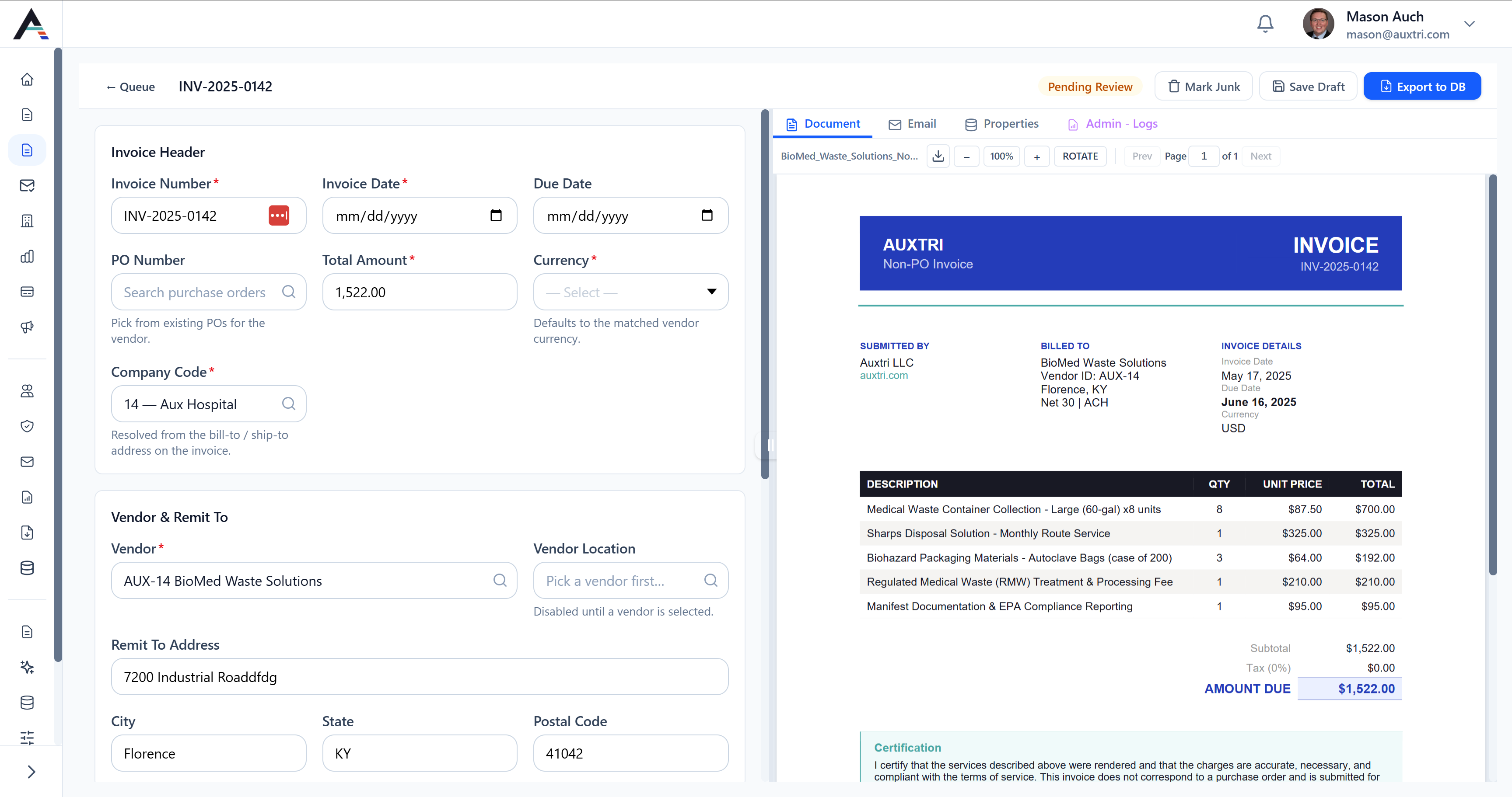 Auxtri Invoice Queue detail view with OCR-extracted fields and vendor match suggestions