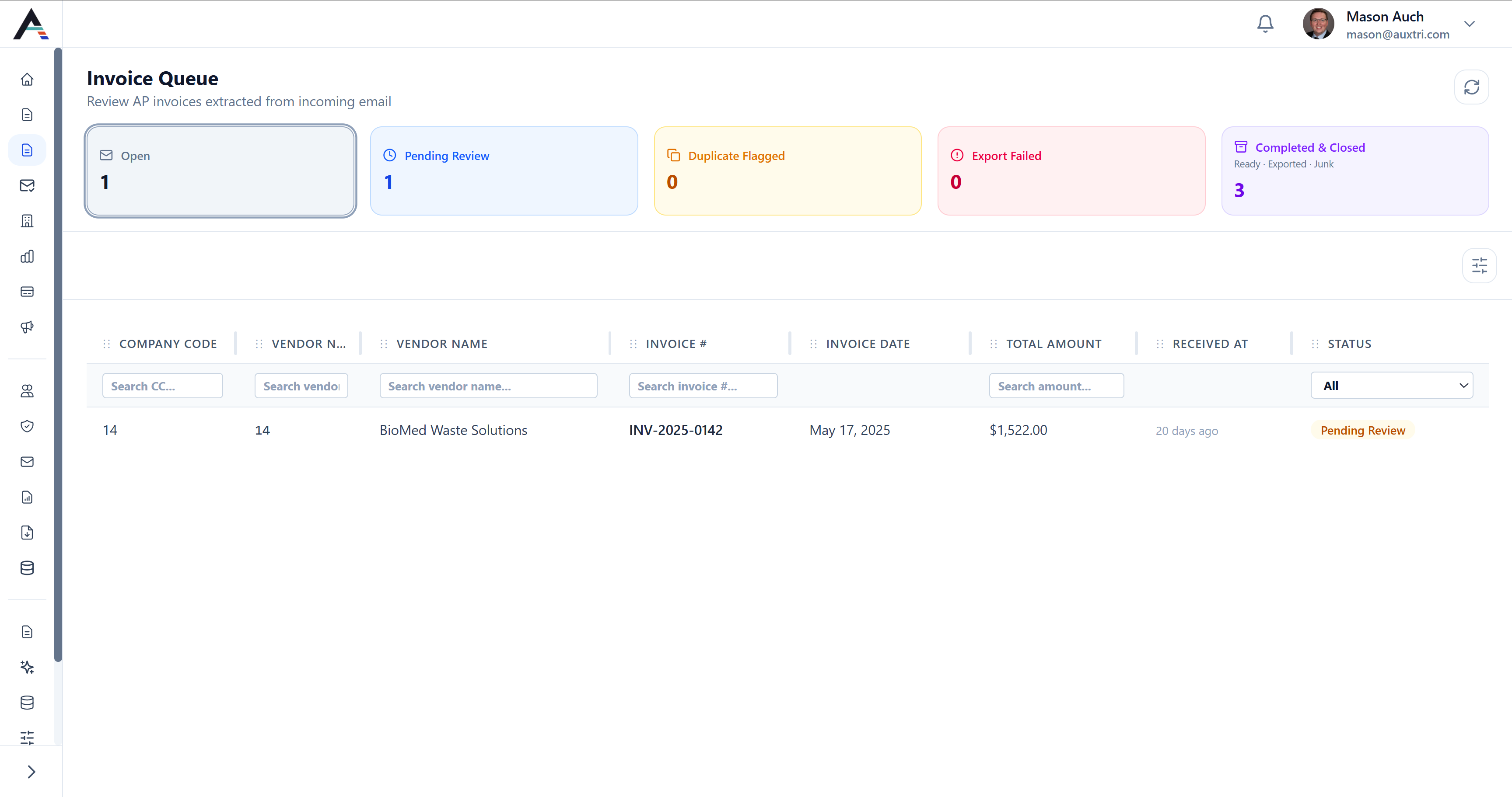 Auxtri Invoice Queue list view showing vendor-submitted invoices pending AP review